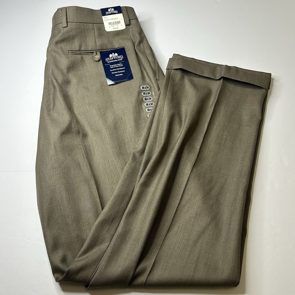 NWT Stafford Classic Fit Travel Sharkskin Fabric Pleated Dress Pants 36x34 Tan